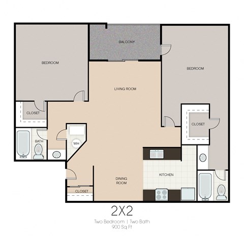 Floor plan for 2 beds, 2 baths, 900 sqft